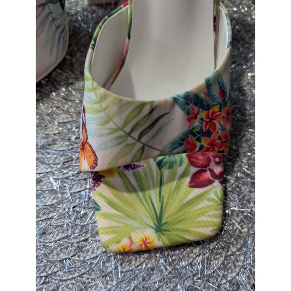 TORGEIS MULES WOMENS PARADISE TROPICAL FLORAL FLARE BUTTERFLY HEELS SZ 10 - Picture 3 of 16